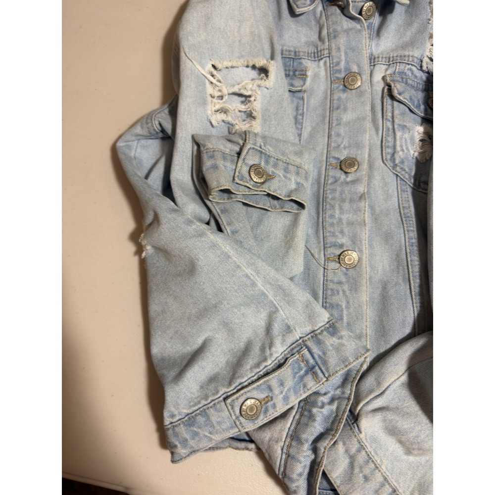 WAX JEAN Distressed Denim Jacket Light Wash Ripped Trucker Y2K Streetwear Small - Picture 7 of 7
